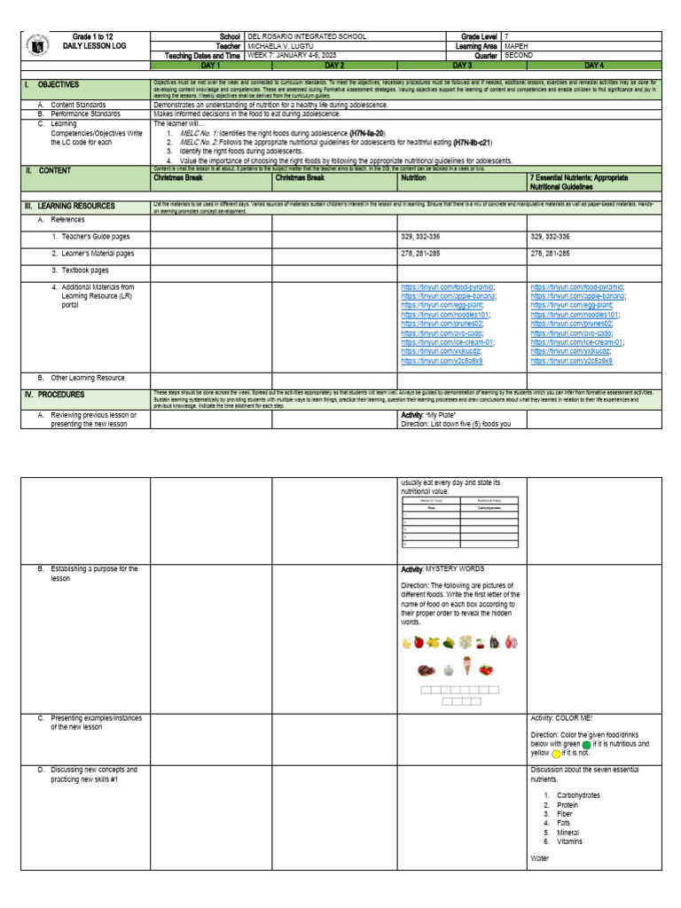 Grade 7 MAPEH Daily Lesson Log | PDF | Learning | Nutrition