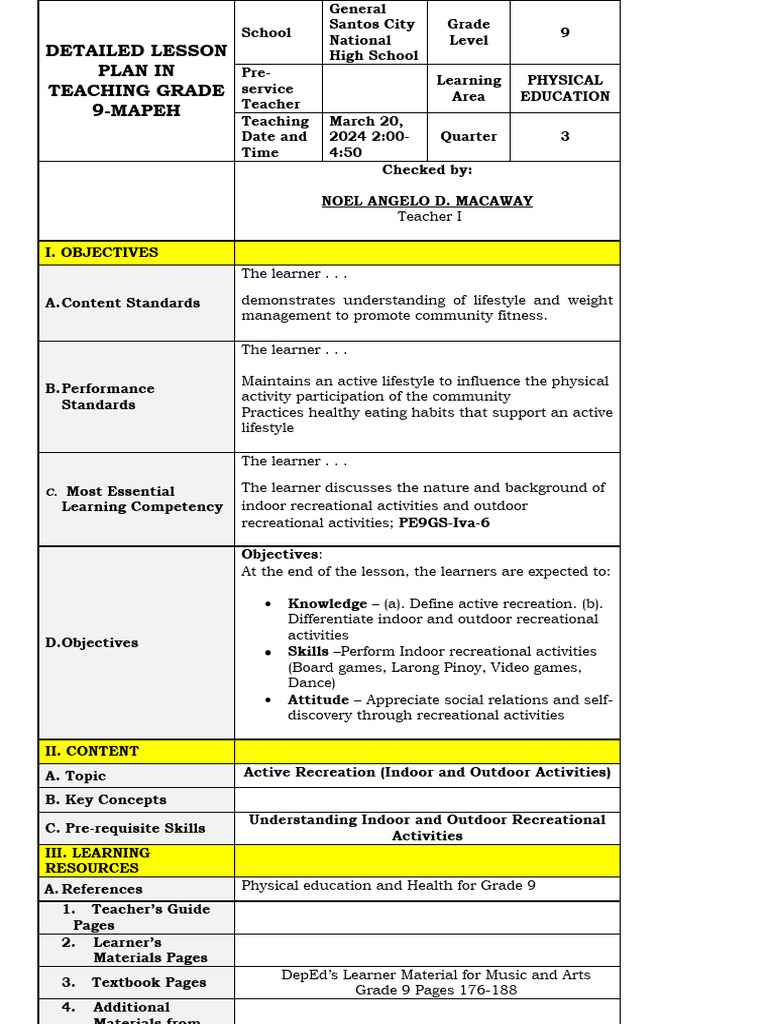 Grade 9 MAPEH Lesson Plan: Active Recreation | PDF | Learning | Teachers
