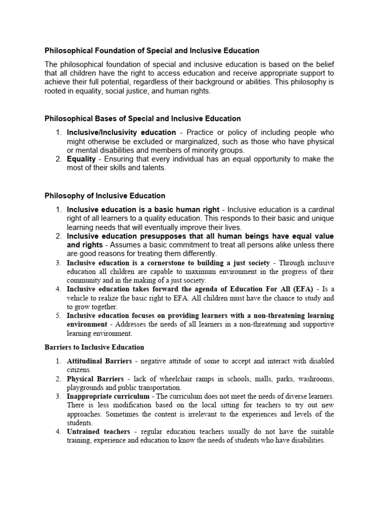 Foundations of Inclusive Education Philosophy | PDF | Inclusion ...