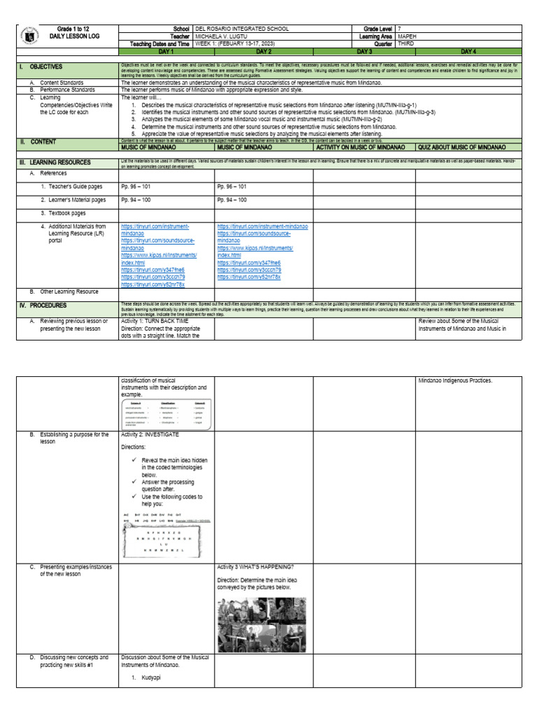 Grade 7 MAPEH Daily Lesson Log | PDF | Learning | Teachers