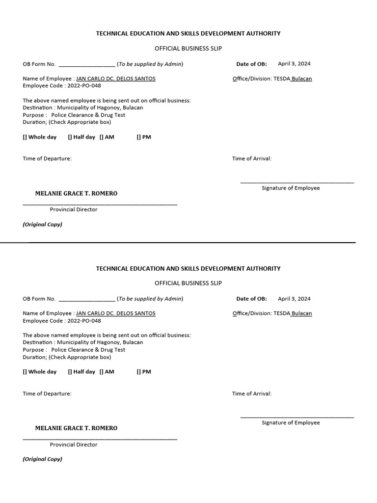 Official Business Slip 2024 Pdf Career And Technical Education