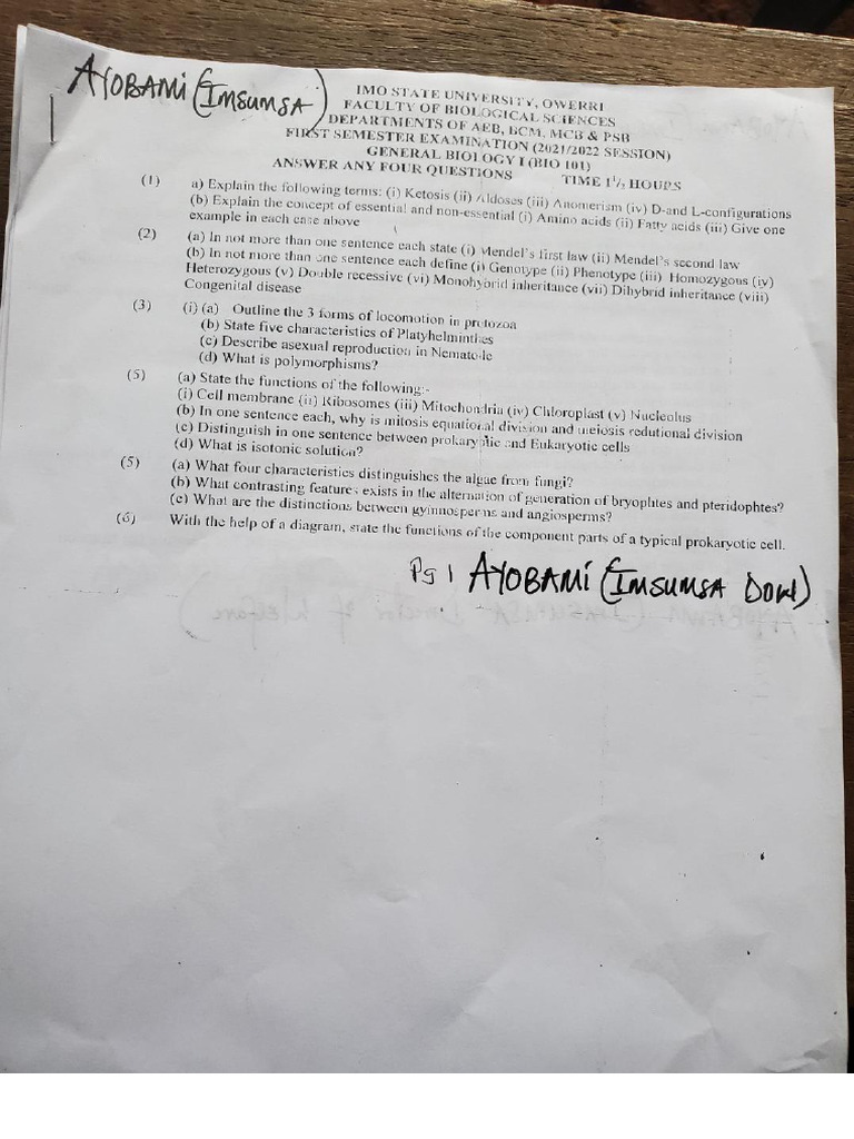 Bio 101 Past Questions 1 Pdf