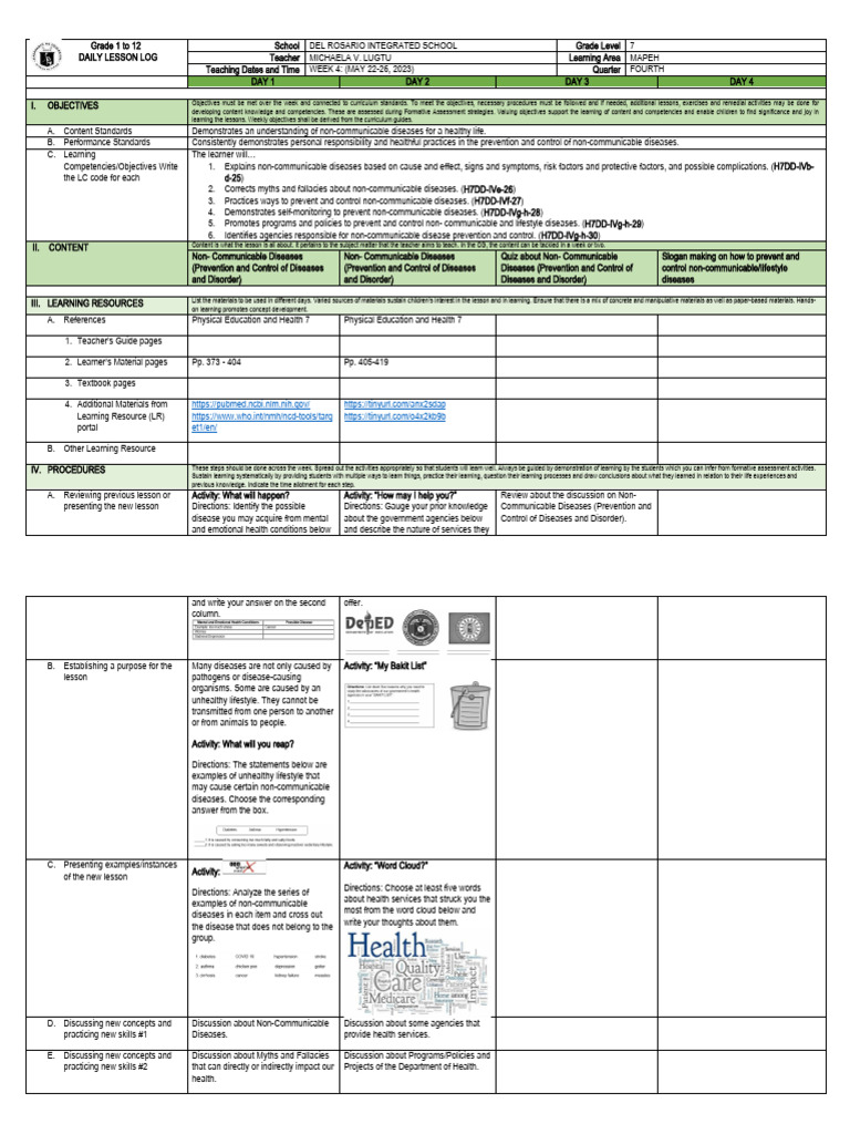 Grade 7 MAPEH Lesson Plan: NCDs | PDF | Learning | Non Communicable Disease