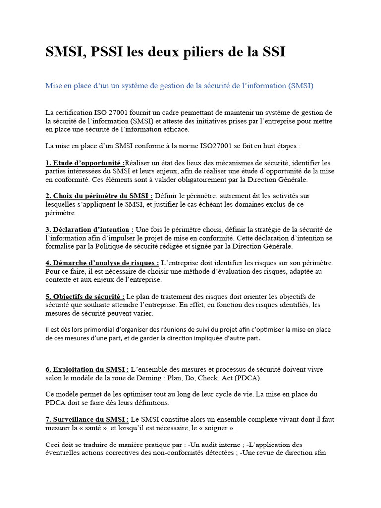 Guide de mise en place SMSI et PSSI | PDF | Sécurité des systèmes d ...