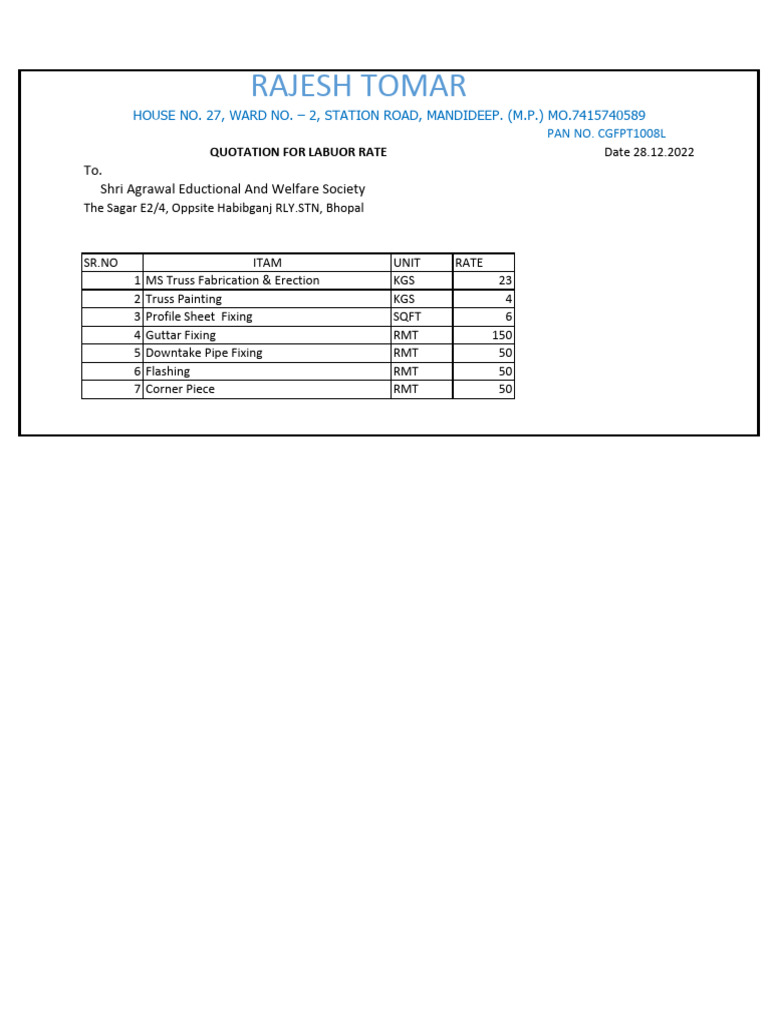 Fabrication Work Quotation Format | PDF