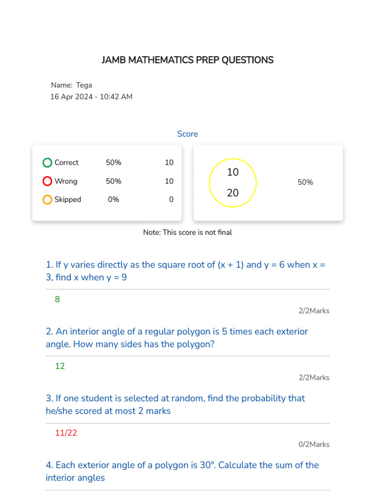 JAMB Mathematics Practice Questions | PDF