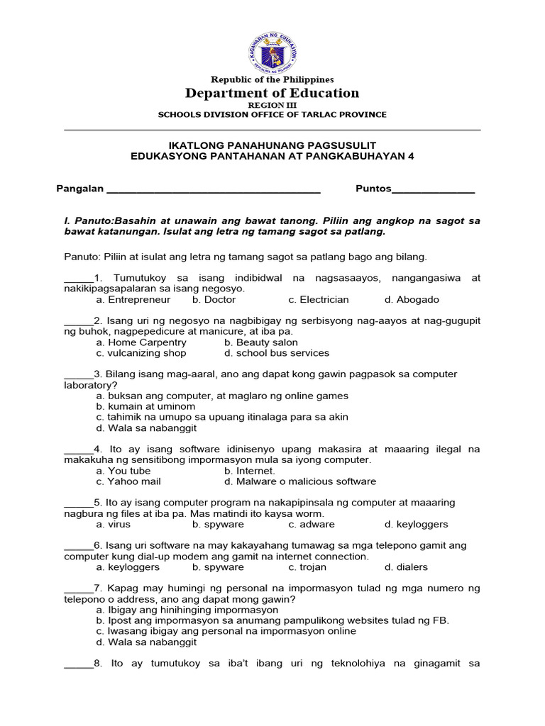 Grade 4 Epp 3rdexam Pdf 