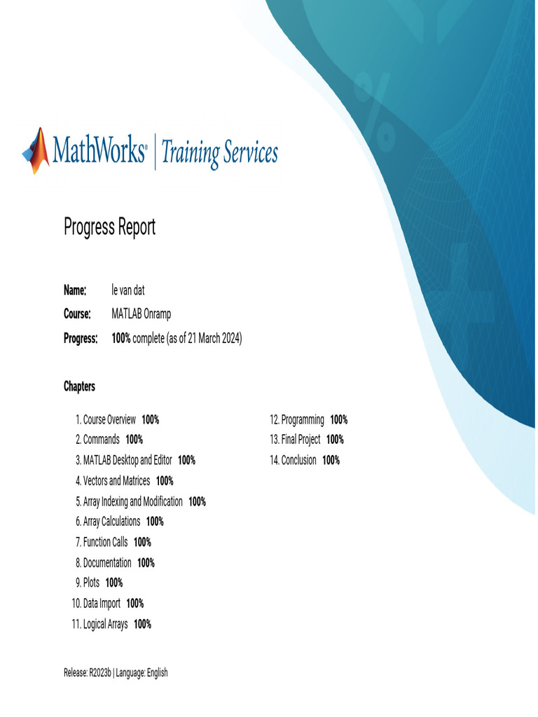 MATLAB Onramp Progress Report 100% | PDF | Computers