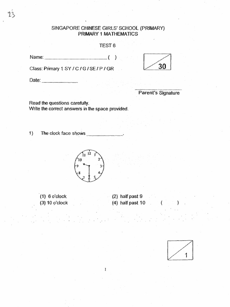 P1 Maths 2018 SCGS Test3 Papers | PDF