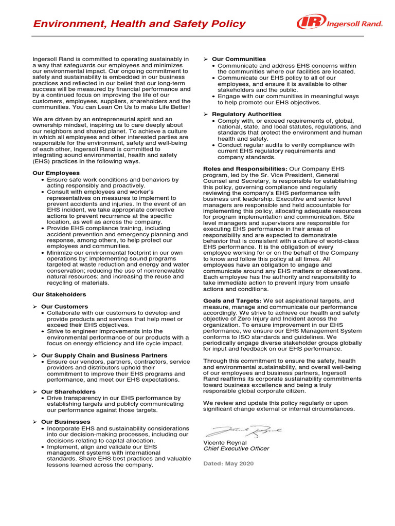Ingersoll Rand EHS Policy Overview | PDF | Occupational Safety And ...