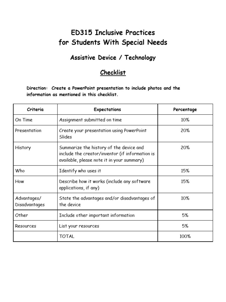 Assistive Technology Presentation Checklist | PDF | Computers