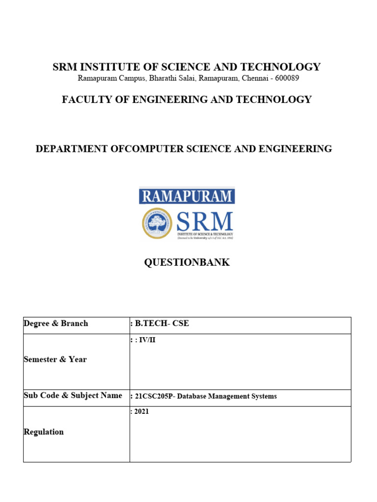 B.Tech CSE Database Management Systems Question Bank | PDF | Sql ...
