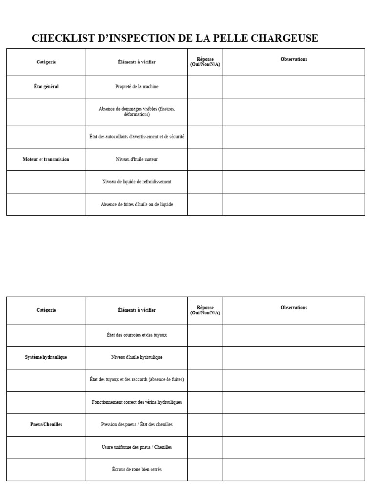 Checklist Inspection Pelle Chargeuse | PDF | Chargeur sur pneus ...
