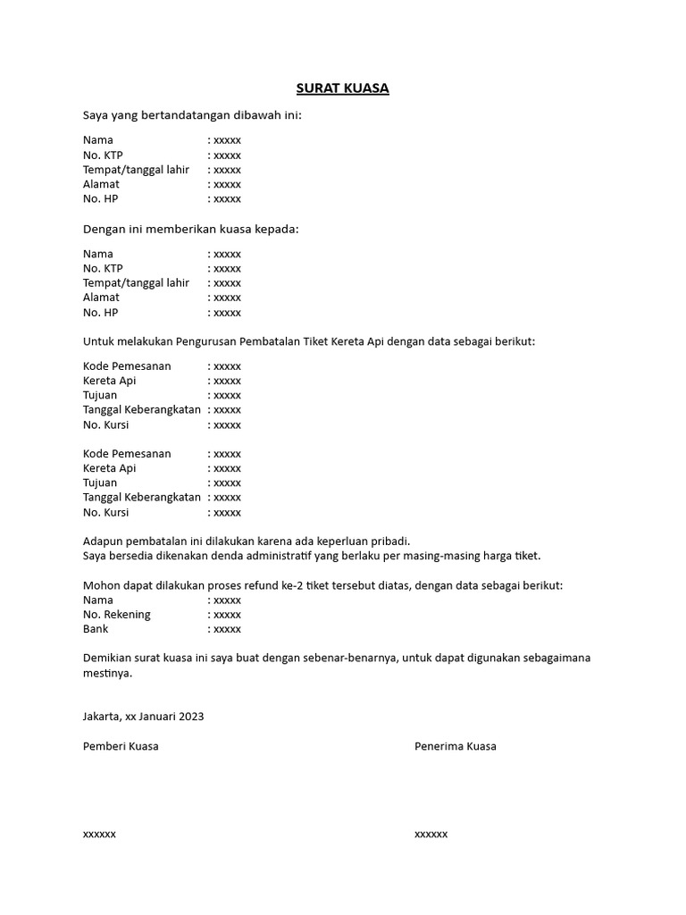 Surat Kuasa Pembatalan Tiket Kereta | PDF