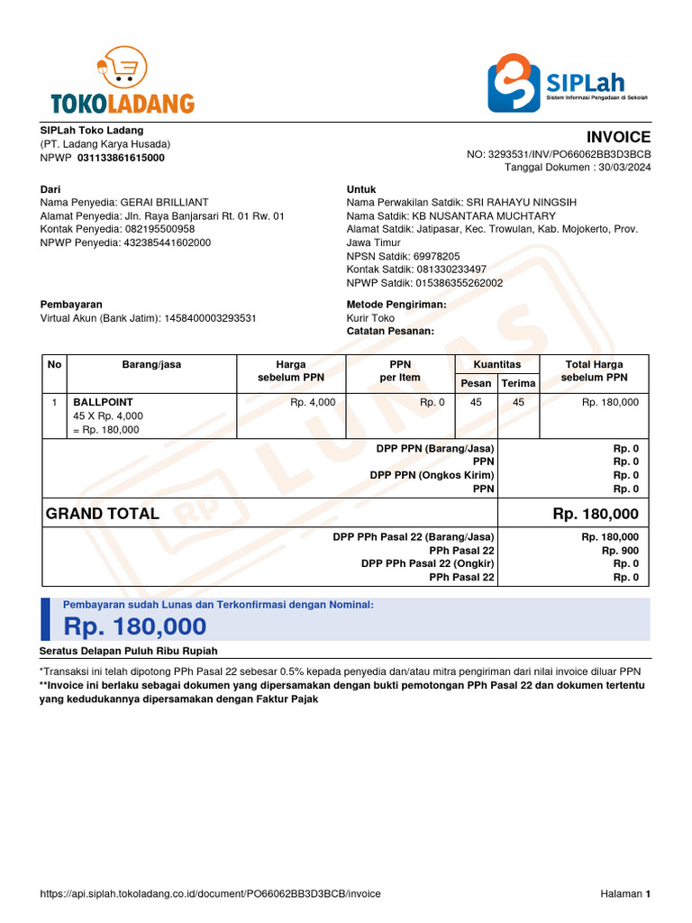 Invoice Pembayaran Toko Ladang Rp. 180.000 | PDF