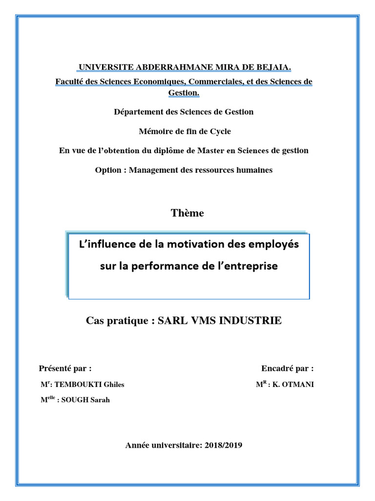 L'influence de La Motivation Des Employés Sur La Performance de L ...