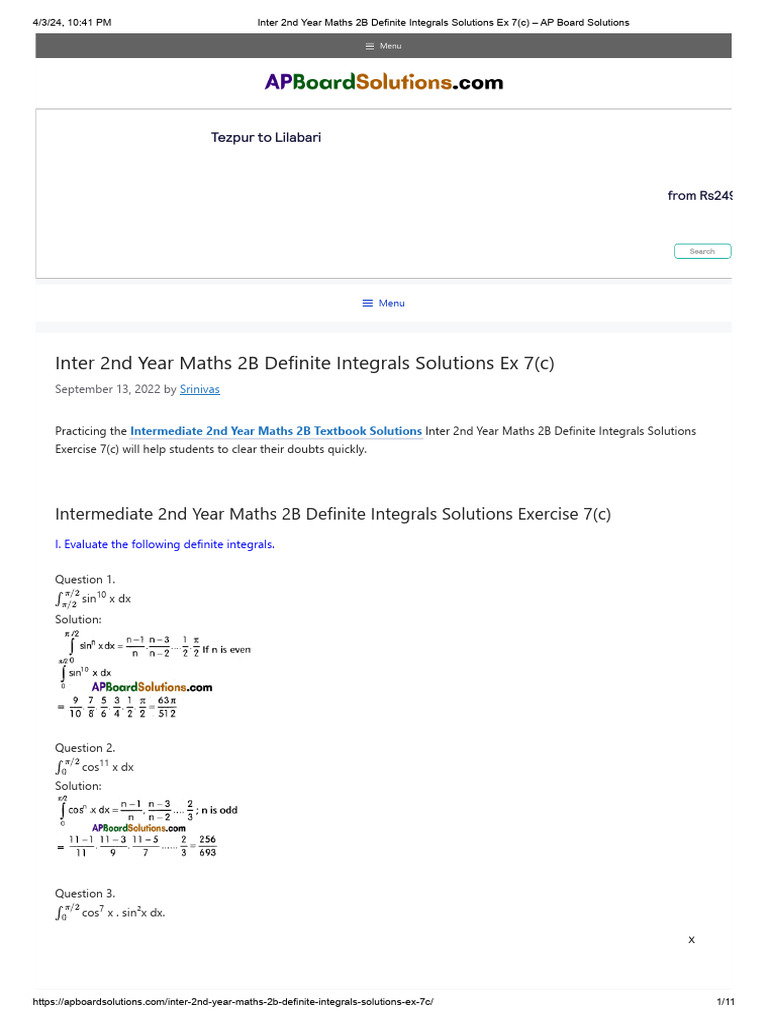 Inter 2nd Year Maths 2B Definite Integrals Solutions Ex 7 (C) - AP ...