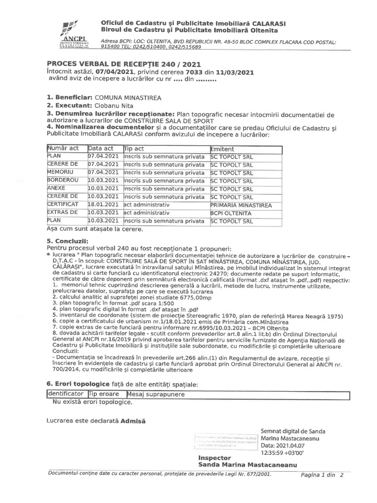 Ridicare TOPO + PV Receptie OCPI | PDF