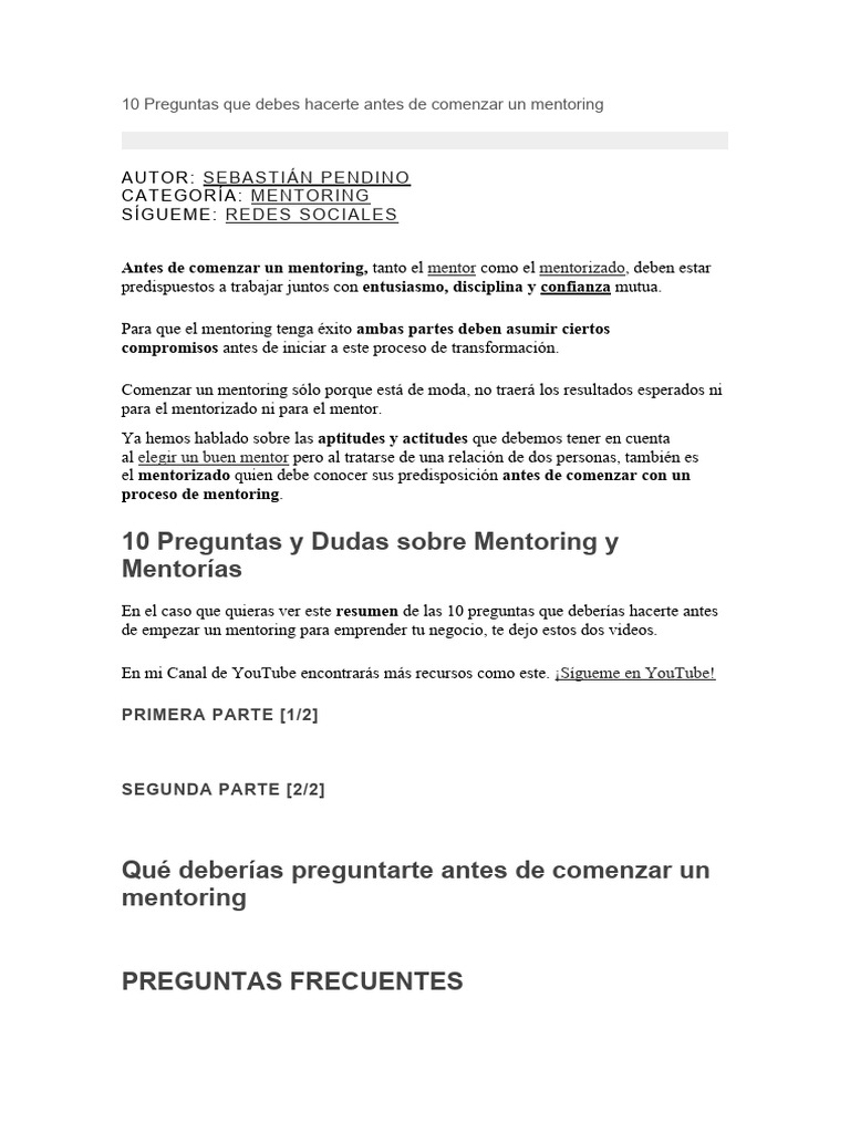 10 Preguntas Que Debes Hacerte Antes de Comenzar Un Mentoring | PDF ...