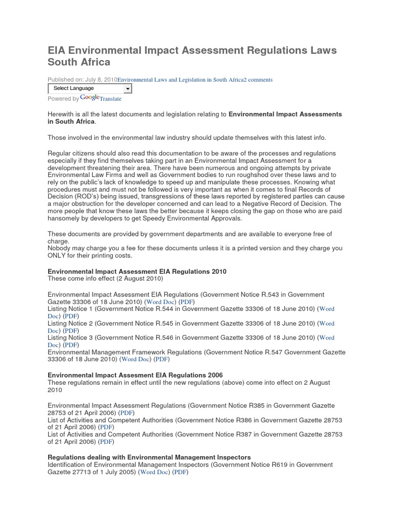 EIA LAWS SOURCE Environmental Impact Assessment Regulations Laws South Africa PDF