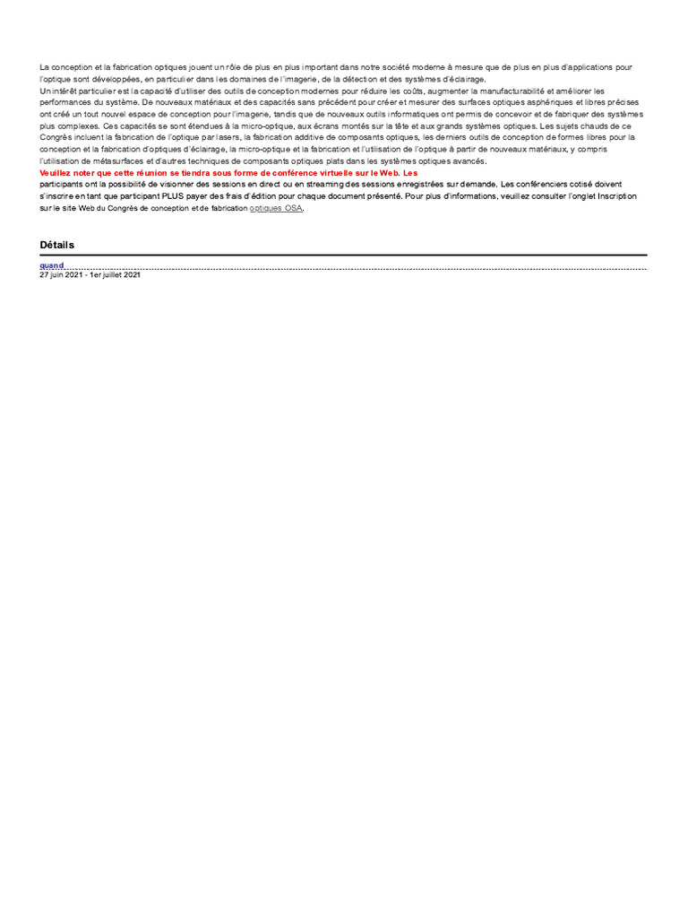 2021 OSA Optical Design and Fabrication Congress Event Summary PDF