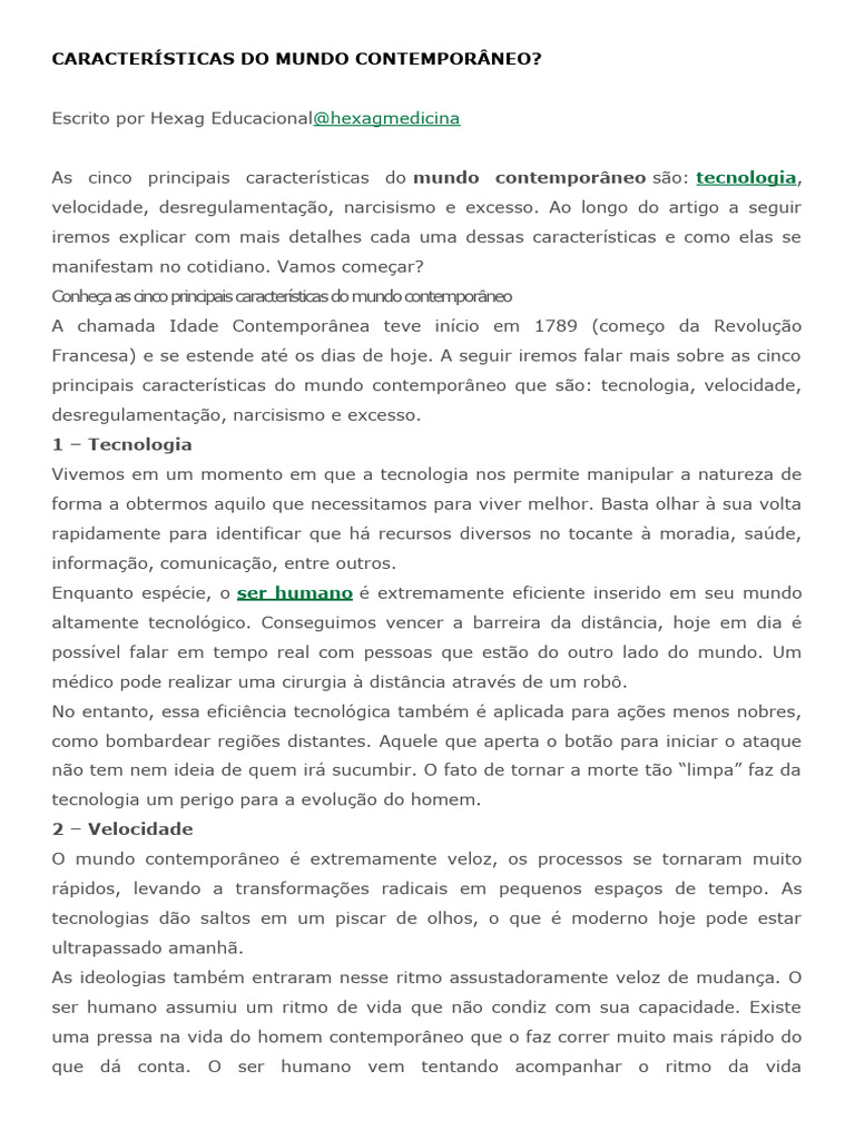 Cinco Características do Mundo Contemporâneo | PDF | Humano | Comunicação