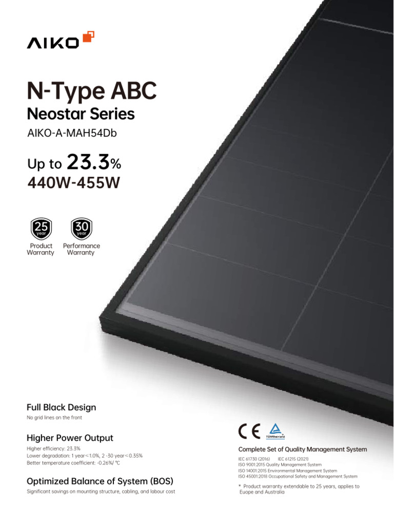 Datasheet Solar Panel AIKO A445 MAH54Db 440 455W PDF Solar Panel Electricity