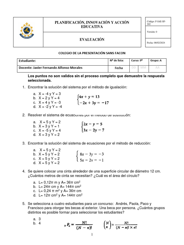 Prom Eva - Iii-Iv - Math - 9 | PDF | Matemáticas
