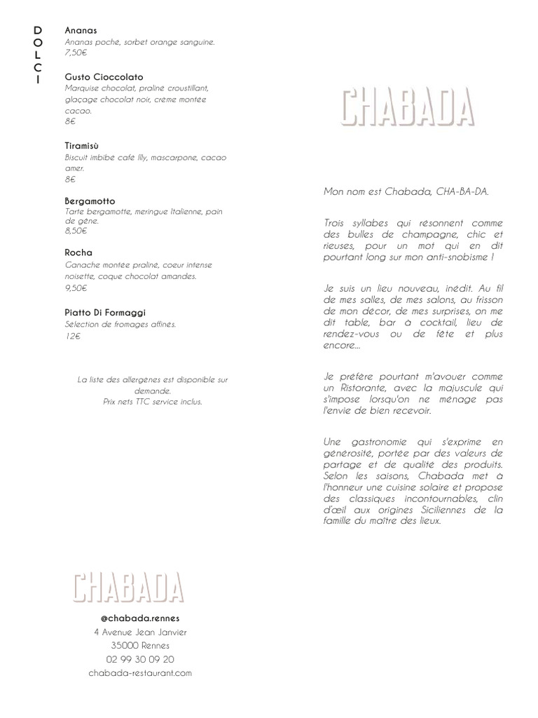 Menu du Ristorante Chabada à Rennes | PDF | Pesto | Cuisine méditerranéenne