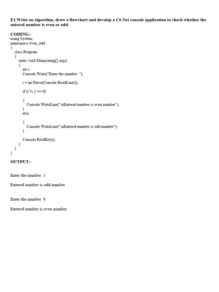 Entered Number Is Even or Odd. Coding | PDF | C Sharp (Programming ...