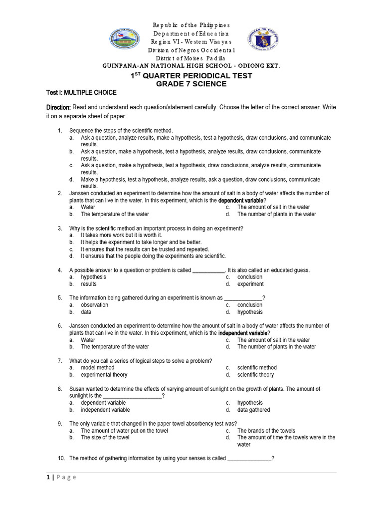 1ST QUARTER PERIODICAL TEST g7 | PDF | Experiment | Chemical Compounds