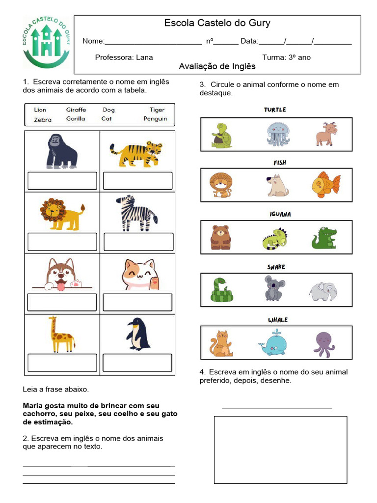 Atividades de Inglês: Animais 3º Ano | PDF