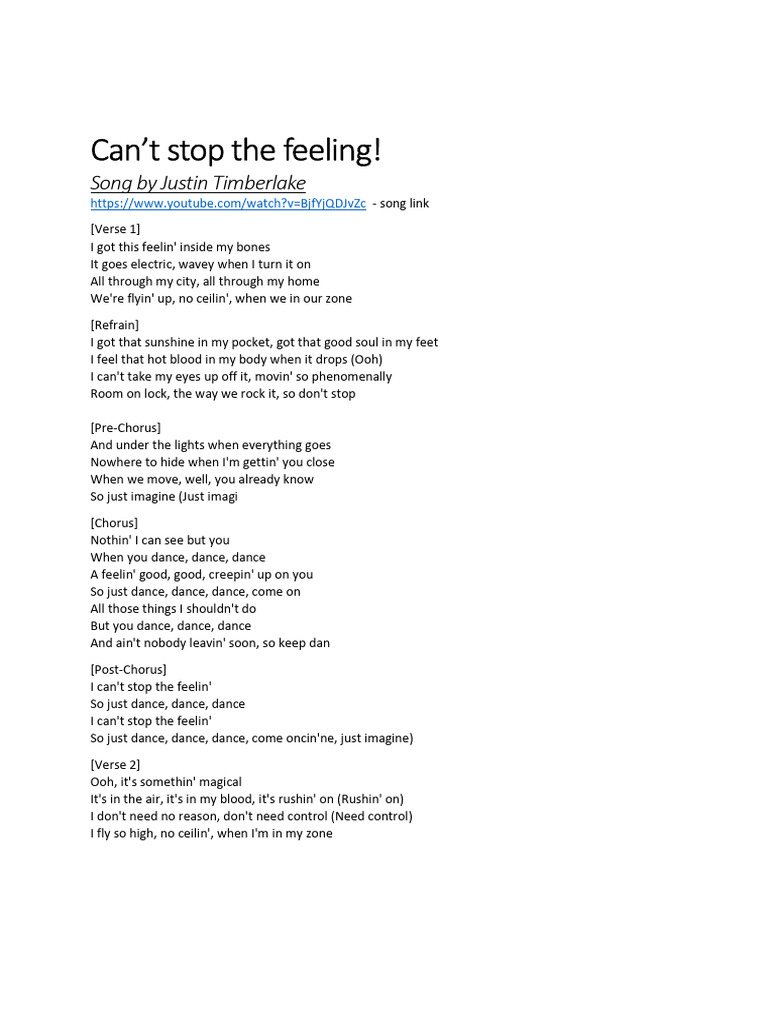 "Can't Stop the Feeling Lyrics" | PDF | Song Structure | Musical Forms