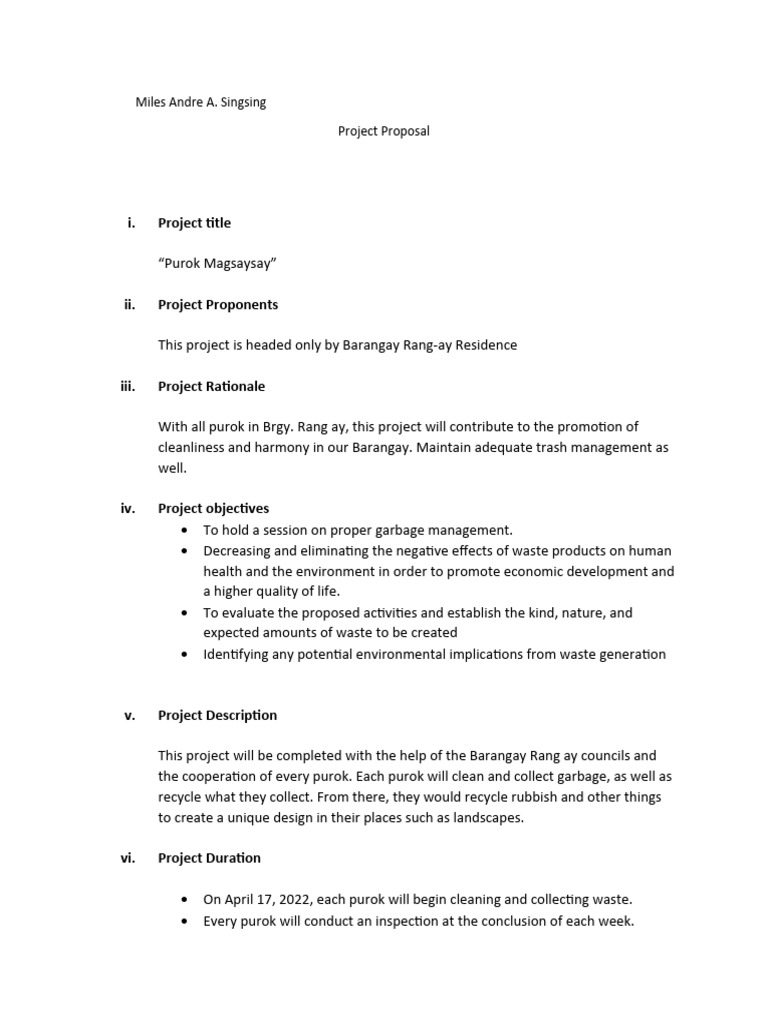 Purok Magsaysay Cleanliness Project Proposal | PDF | Art | Science ...
