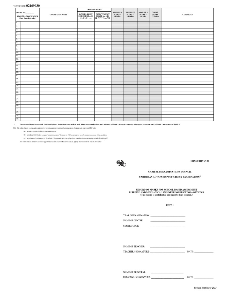 CAPE BMED SBARecordofMarks Unit1 OptionB PDF