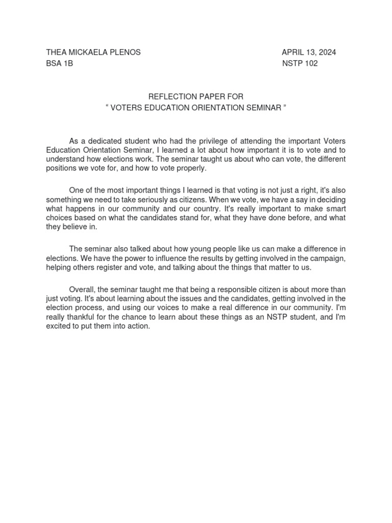 Voters Education Seminar Reflection | PDF | Social Science