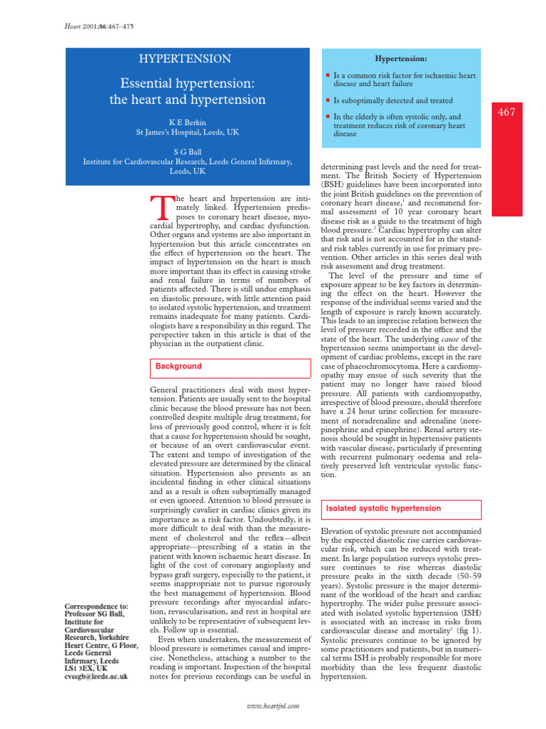 Essential Hypertension: The Heart and Hypertension | PDF | Blood ...