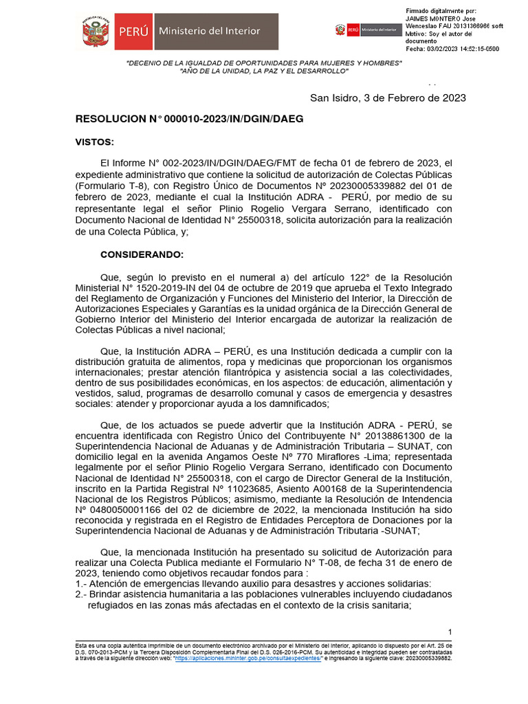 Resolucion 000010-2023 - in - Dgin - Daeg | PDF | Regulación | Perú