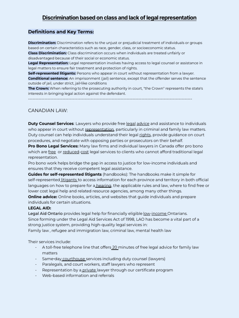 Discrimination Based On Class and Lack of Legal Representation | PDF ...