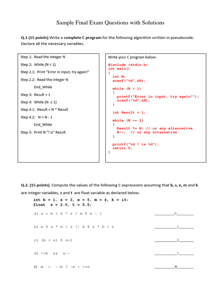 Final Sample Questions With Solutions | PDF | Algorithms | Algorithms ...