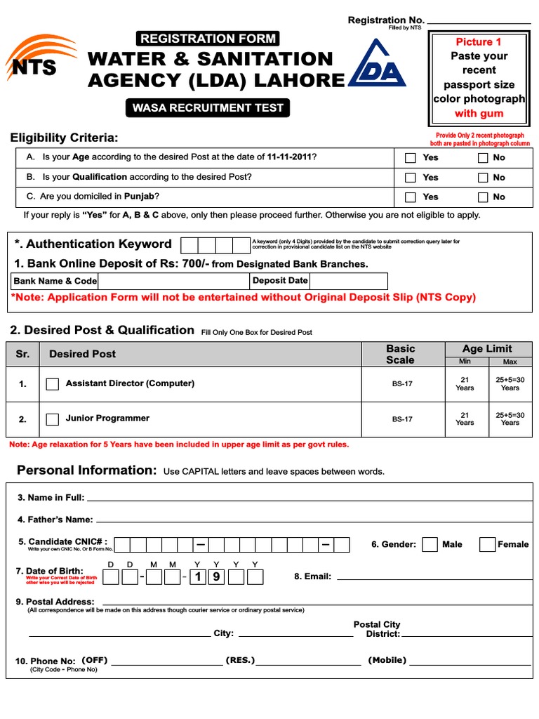 WASA Recruitment Registration Form | PDF | Rupee | Mail