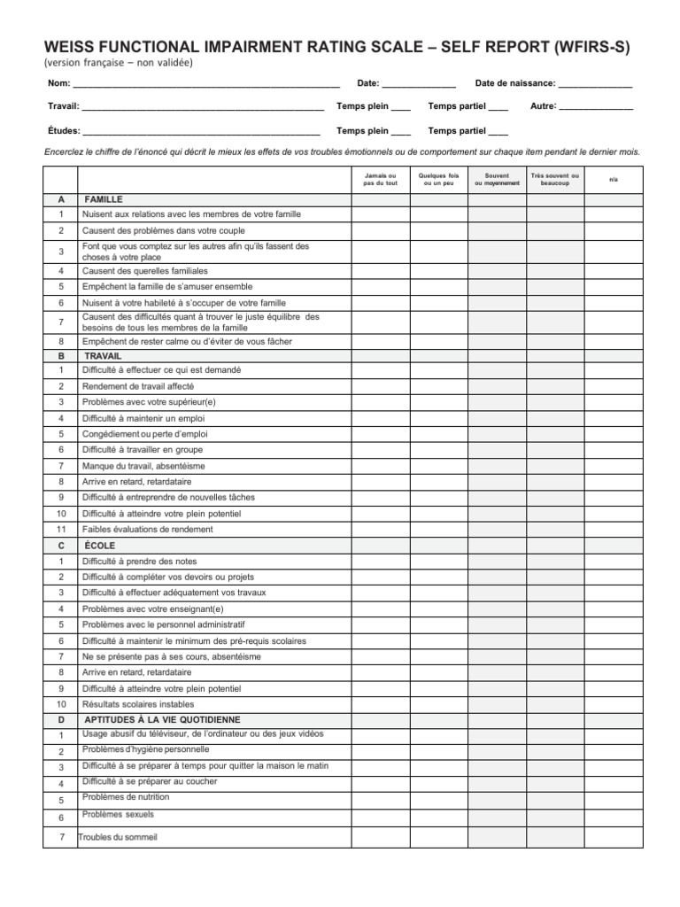 Échelle d'Impairment Fonctionnel WFIRS-S | PDF | Développement personnel