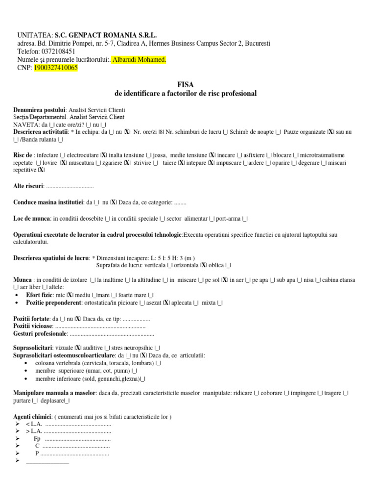 Fisa de Identificare A Factorilor de Risc Analist Servicii Client | PDF