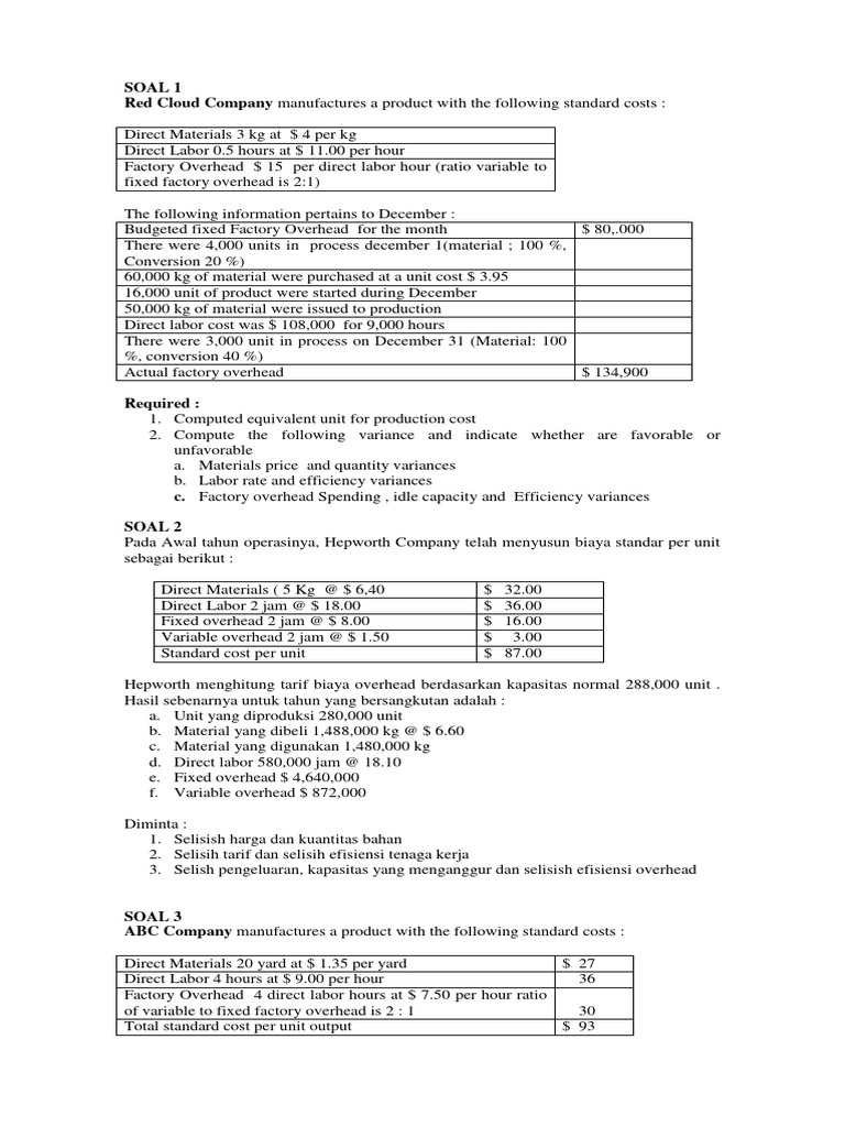 Latihan Soal Standar Costing Pdf Cost Of Goods Sold Production