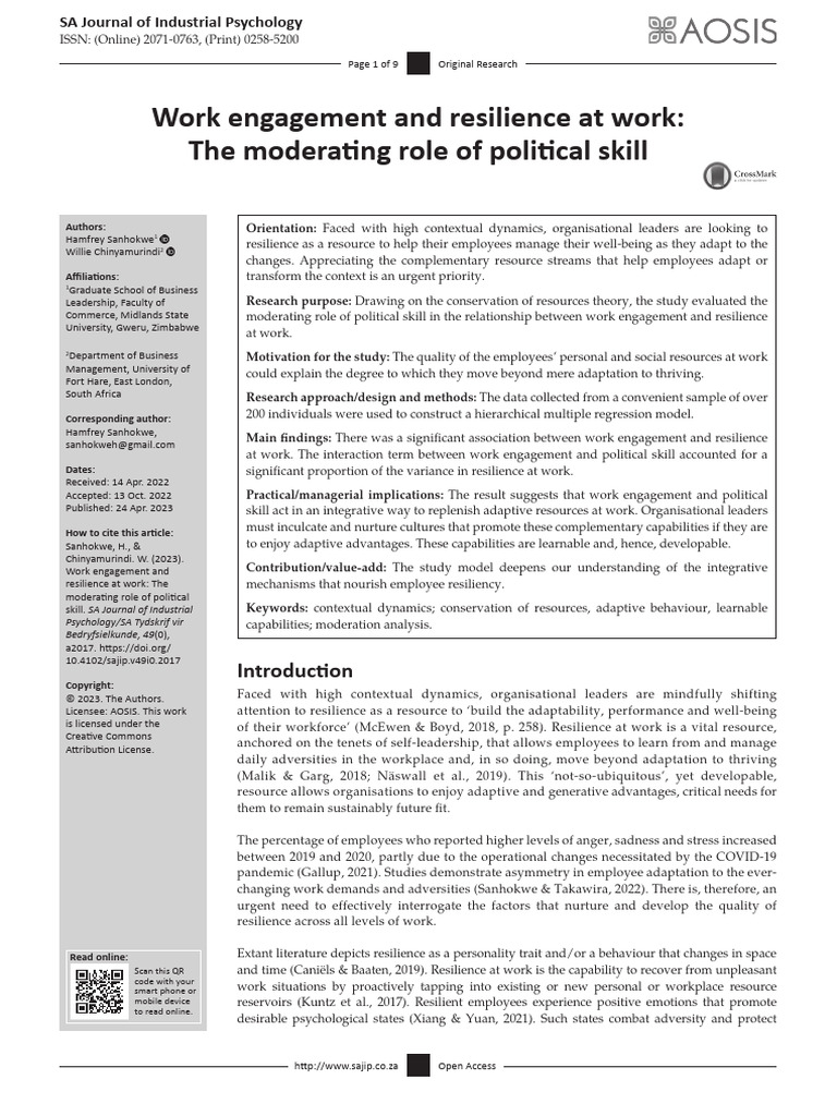 Work Engagement and Resilience | PDF | Psychological Resilience | Mean ...
