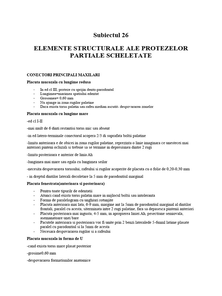 Subiectul 26 Elemente Structurale Proteze Scheletate | PDF