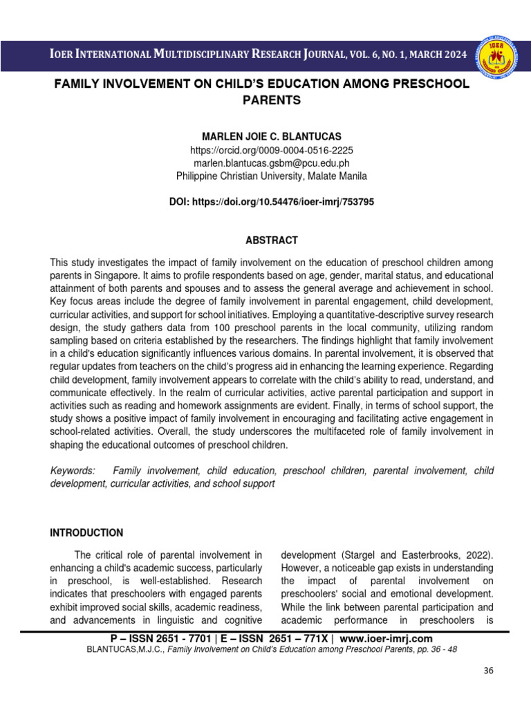 Family Involvement in Preschool Education | PDF | Statistics | Early ...