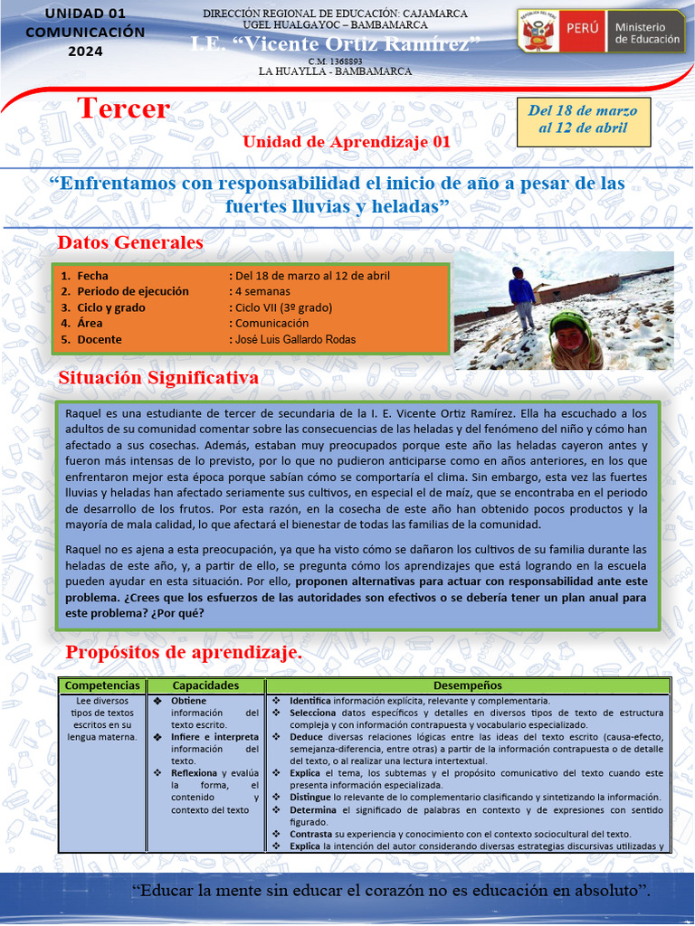 Unidad de Aprendizaje 1 - Tercer Grado - Com | PDF | Evaluación ...