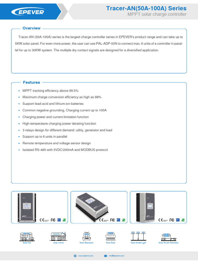 EPEVER Datasheet - Tracer AN 50A 100A | PDF | Solar Power | Electrical ...