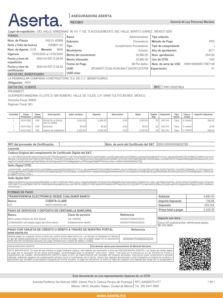 Aseguradora Aserta Recibo | PDF | Bancos | Cheque